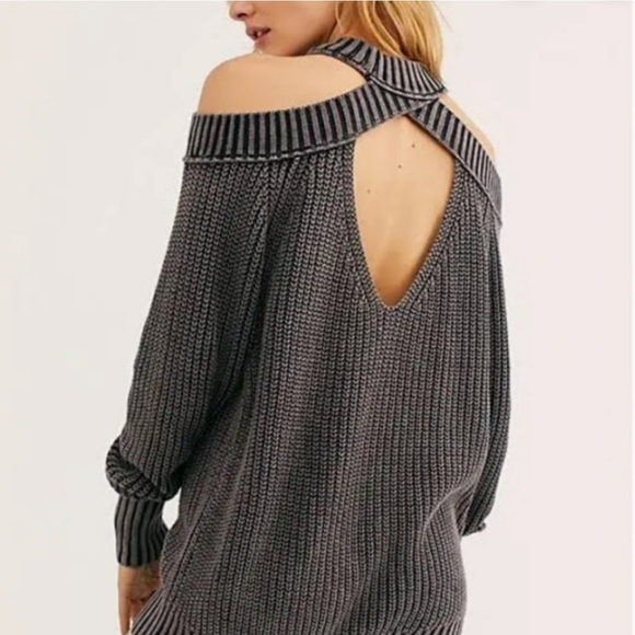 Free People Sweaters - Free People Turtleneck Cold Shoulder Sweater - Grey Black Sz M